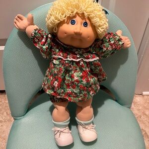 Cabbage patch Blonde Curly Hair Doll in Green Floral Dress